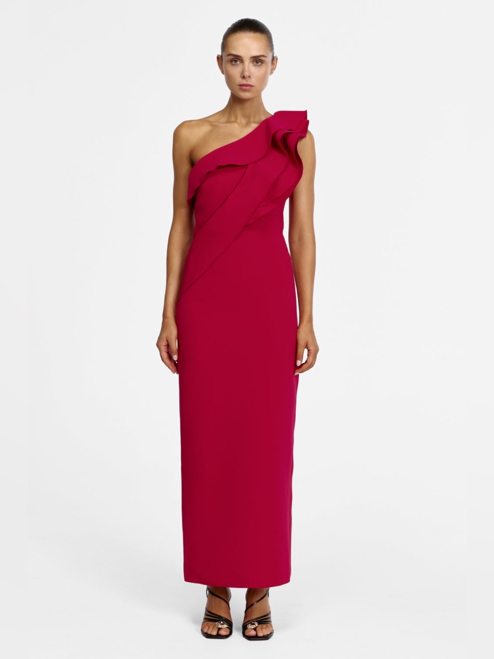 NWOT ACLER MATLOCK One-Shoulder Ruffle Column MAXI Dress in berry